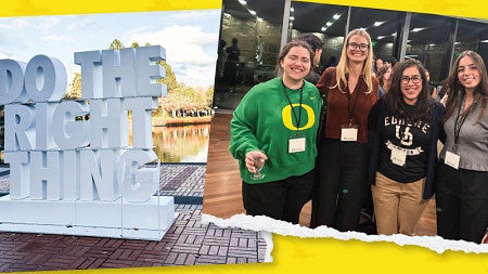 banner showing University of Oregon business students at Nike World Headquarters: a group photo with Nike professionals, the outdoor “Do the Right Thing” sculpture, students posing at an event, and a close-up of a wall covered in handwritten messages and signatures.