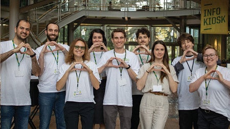 A collage of photos from the 2026 Summit for Sustainable Organizations (from left to write): a panelist sits at the front of a room while speaking; a group of students stand in the atrium of the Lillis Business Complex and make the 'O' symbol with their hands; a member of the audience speaks into a microphone during the event