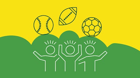 Simple digital line art of three figures with their arms in the air; above them are icons of a baseball, football, and soccer ball