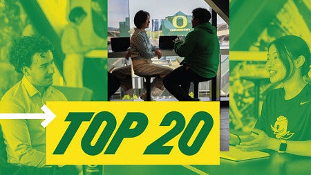 A collage of images of MBA students at Autzen Stadium, including individuals engage in discussions indoors, and a group standing on the field. Large green and yellow text in the center reads "Top 20," a trophy icon is on the far left.