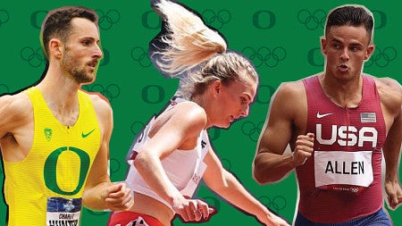 Cut out photos of Olympians Jenna Prandini, Charlie Hunter, Aneta Konieczek, Devon Allen, and Galen Rupp against a green background with UO and Olympic logos