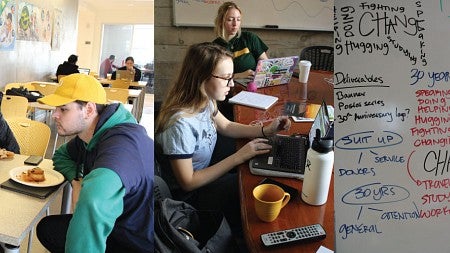 Collage of photos of students planning their projects during CreateAthon