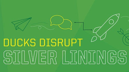 Illustration with the words Ducks Disrupt Silver Lining Pitchbook overlaid on a green background in yellow with line art of a rocket ship, chat bubbles, and a bullseye target