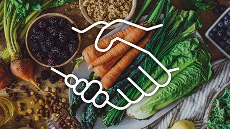 White lineart icon of two shaking hands against a backdrop of various produce