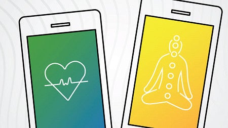 Graphic design illustrating two cellphones. One screen displays a heart with EKG symbols against a green and blue background while the other displays a meditating person with chakra points against a yellow background.