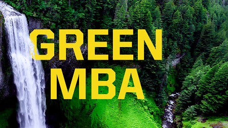 The words Green MBA against a background photo of a forest