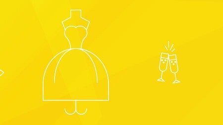 White lineart icons of items representing wedding planning against a yellow background