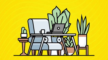 Illustration of an armchair, laptop table, and houseplants against a yellow background