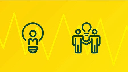 Iconography of a light bulb, two people with a lightbulb between them, and a group of people