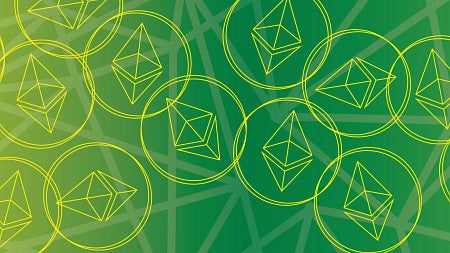Yellow geometric design representing bitcoin on green backdrop