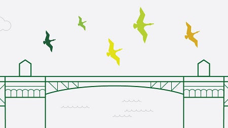 Illustration with line art of a Portland bridge over with duck flying icons in color flying over the bridge on a white background