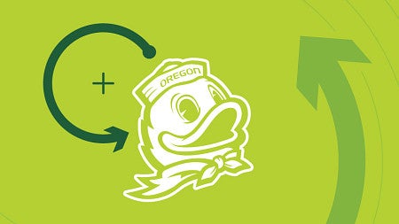 Icon of the UO Duck with lineart arrows against a green background