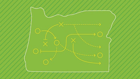 Lineart of Oregon state against a bright green background