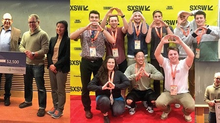 Collage of photos showing startups Chromatec, Algotek and, Sohr and students throwing the O at SXSW