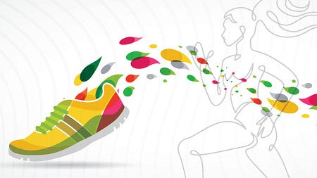 A lineart graphic of a woman running along with a colorful shoe design