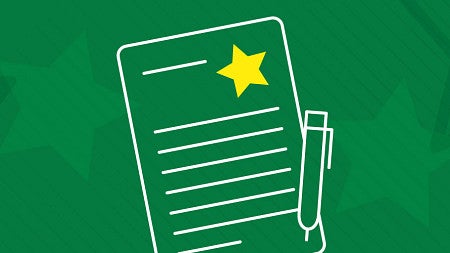 Lineart icon of a paper and pen against a background of green stars