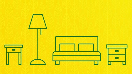 Green lineart of furniture against a yellow patterned background