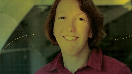 Illustration photo of Associate Professor Anne Parmigiani with a green and yellow cover overlay, grig overlay, and some arrows