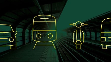 Icons of transportation methods atop a green background image of a train station