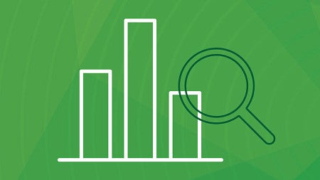White line art of a bar graph and magnifying glass against a green background