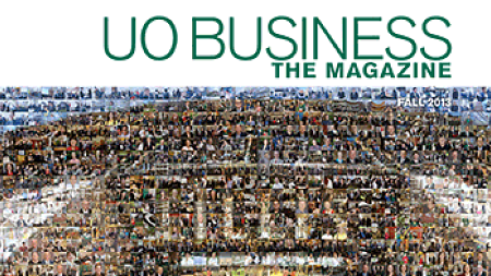 Image of the fall 2013 magazinue cover showing an image of the south entrance of the Lillis Business Complex composed of thousands of smaller images of students and faculty from around the college.