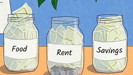 Illustration of coins and paper money in mason jars with different labels