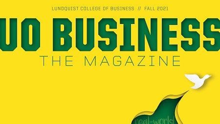 The cover art for UO Business: The Magazine: A white icon of a duck flies against a yellow background, its flight path appears to unveil a green background with phrases pertaining to the Lundquist College