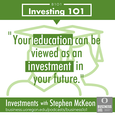 Illustration of a quote from Stephen McKeon in the podcast that says, "Your education can be seen as an investment in the future.""
