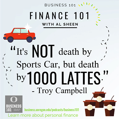 Illustration of the quote "It’s not death by sports car, its death by 1,000 lattes"