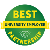 A digital badge with the text 'Best University Employer Partnership" and a simple line art icon of two hands shaking